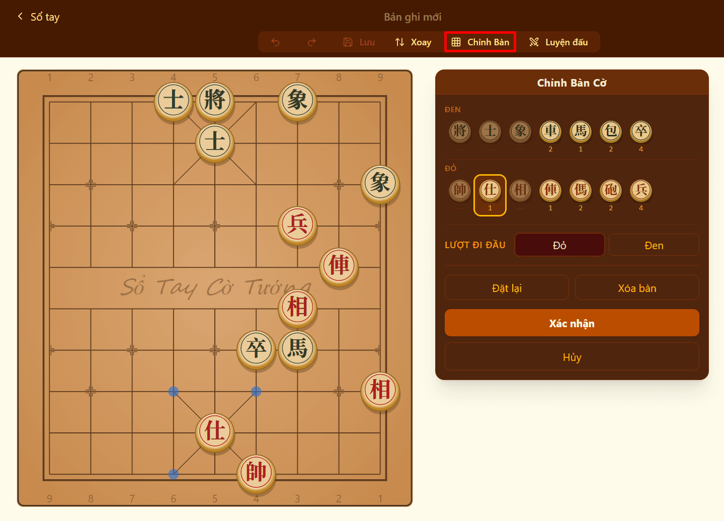 Giao diện chỉnh bàn cờ với bảng chọn quân