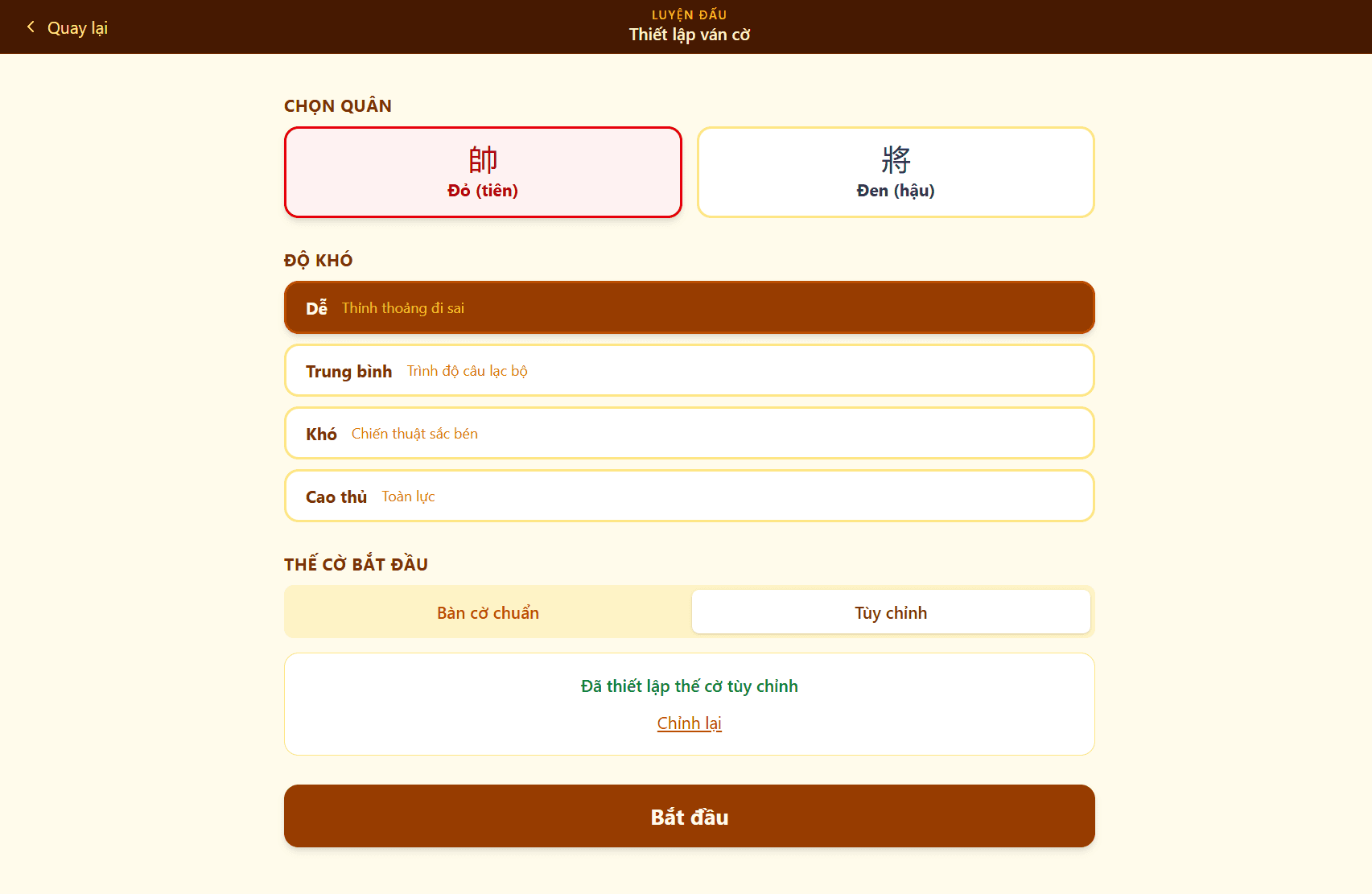 Giao diện thiết lập luyện đấu với máy
