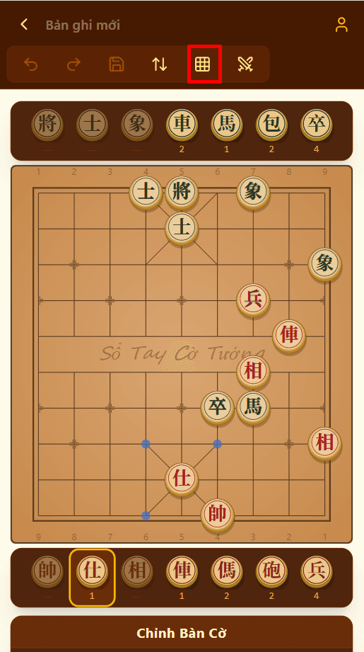 Giao diện chỉnh bàn cờ trên điện thoại