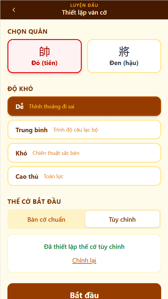 Giao diện thiết lập luyện đấu với máy trên điện thoại